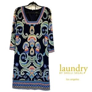 NWOT laundry by Shelli Segal Dark Navy and Bright Paisley Dress Bell Sleeves